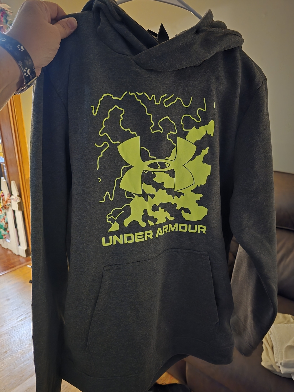 Under Armour Men's Dark Gray Hoodie with Neon Green Logo